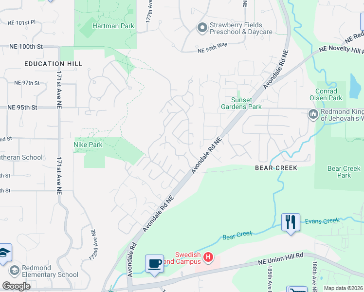 map of restaurants, bars, coffee shops, grocery stores, and more near 17912 Northeast 93rd Way in Redmond