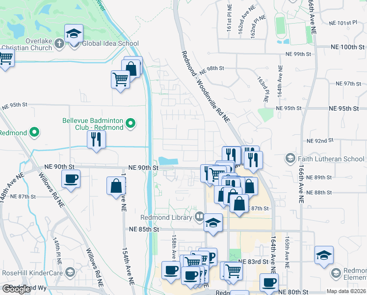 map of restaurants, bars, coffee shops, grocery stores, and more near 15628 Northeast 91st Way in Redmond