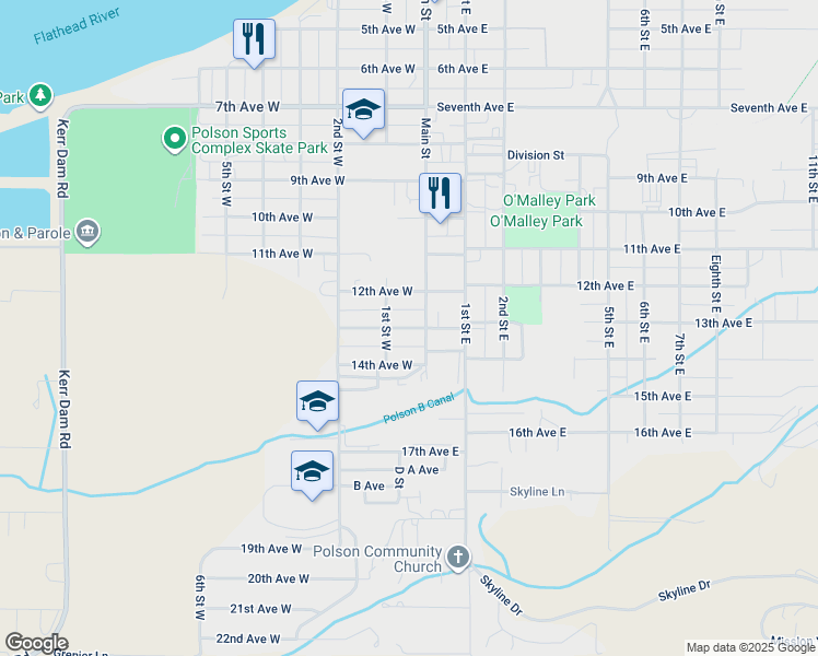 map of restaurants, bars, coffee shops, grocery stores, and more near 6 13th Avenue West in Polson