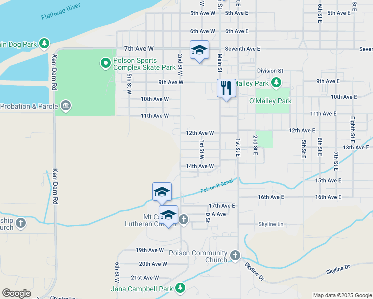 map of restaurants, bars, coffee shops, grocery stores, and more near 116 13th Avenue West in Polson
