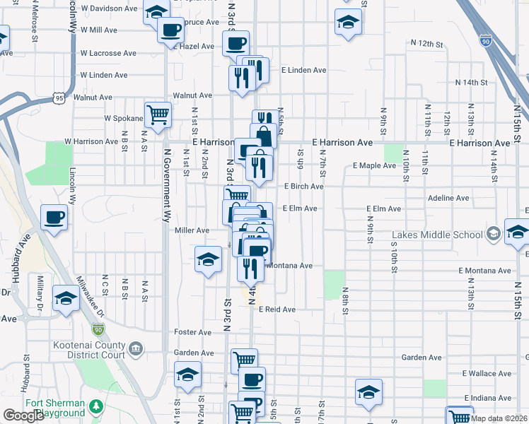map of restaurants, bars, coffee shops, grocery stores, and more near 963 North 5th Street in Coeur d'Alene