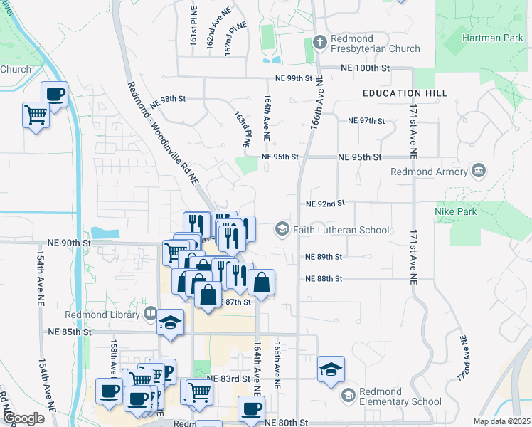 map of restaurants, bars, coffee shops, grocery stores, and more near 16426 Northeast 91st Street in Redmond