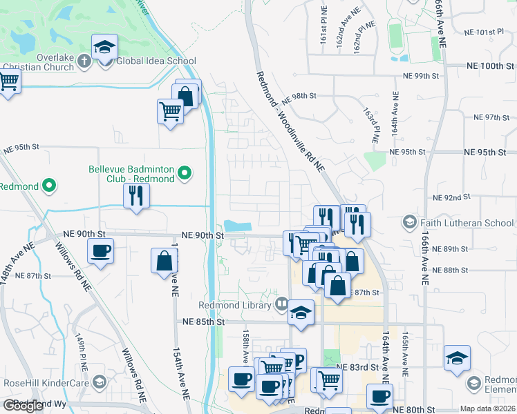 map of restaurants, bars, coffee shops, grocery stores, and more near 15628 Northeast 91st Way in Redmond