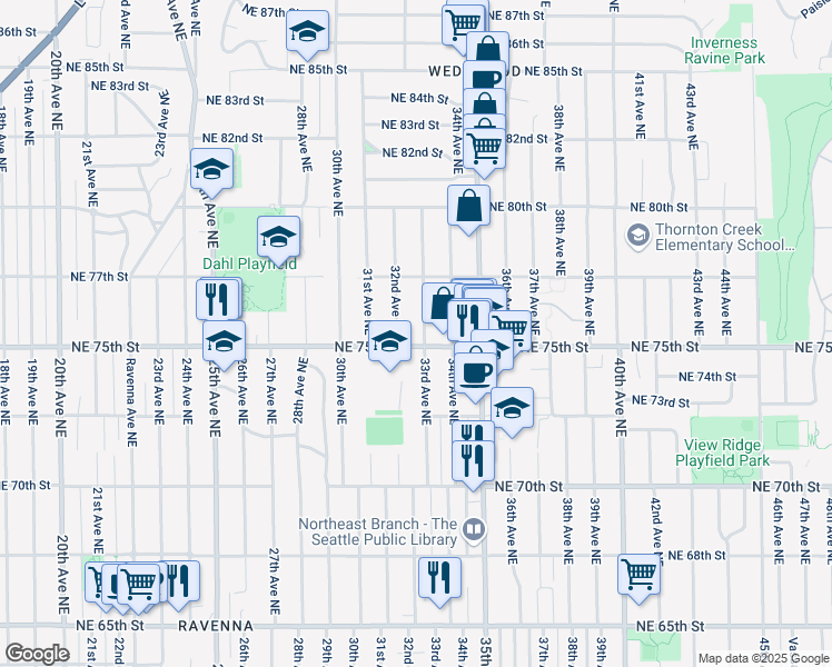 map of restaurants, bars, coffee shops, grocery stores, and more near 3202 Northeast 75th Street in Seattle