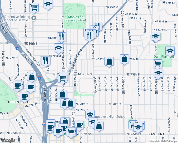 map of restaurants, bars, coffee shops, grocery stores, and more near 7512 14th Avenue Northeast in Seattle