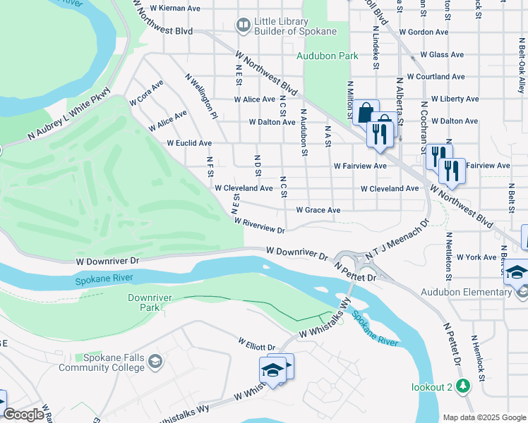 map of restaurants, bars, coffee shops, grocery stores, and more near 3125 W Grace Ave in Spokane