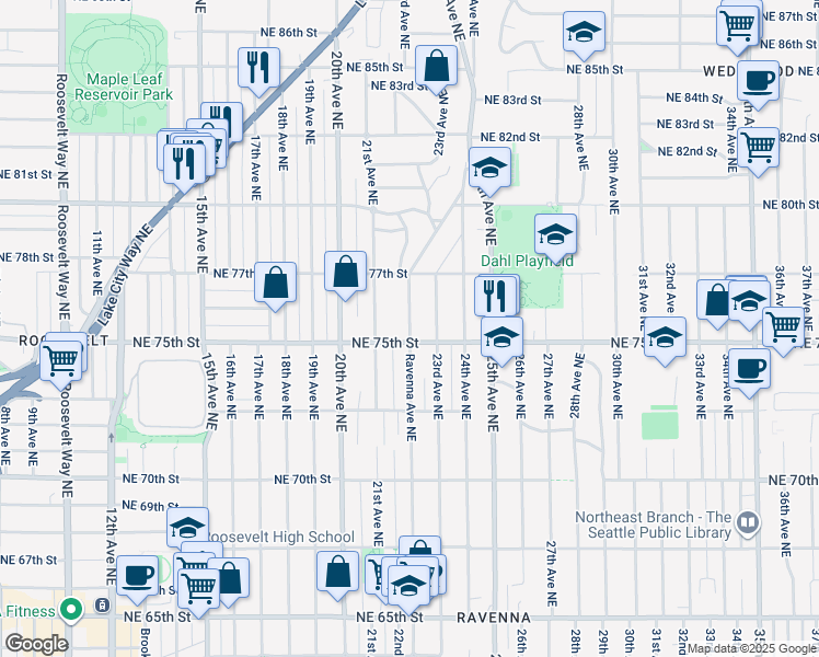 map of restaurants, bars, coffee shops, grocery stores, and more near Ravenna Avenue Northeast in Seattle
