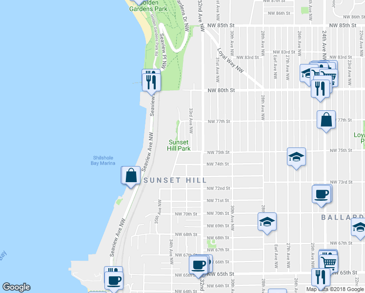 map of restaurants, bars, coffee shops, grocery stores, and more near 7506 34th Avenue Northwest in Seattle