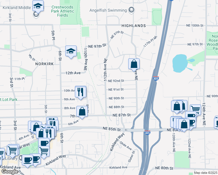 map of restaurants, bars, coffee shops, grocery stores, and more near 11212 Northeast 91st Street in Kirkland