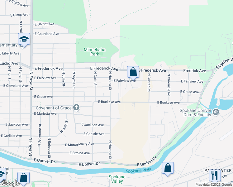 map of restaurants, bars, coffee shops, grocery stores, and more near 4423 East Buckeye Avenue in Spokane