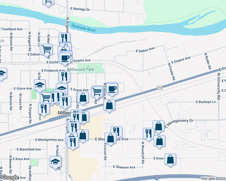 map of restaurants, bars, coffee shops, grocery stores, and more near 2901 North Boeing Road in Spokane