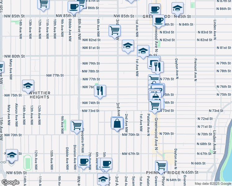 map of restaurants, bars, coffee shops, grocery stores, and more near 7503 3rd Avenue Northwest in Seattle