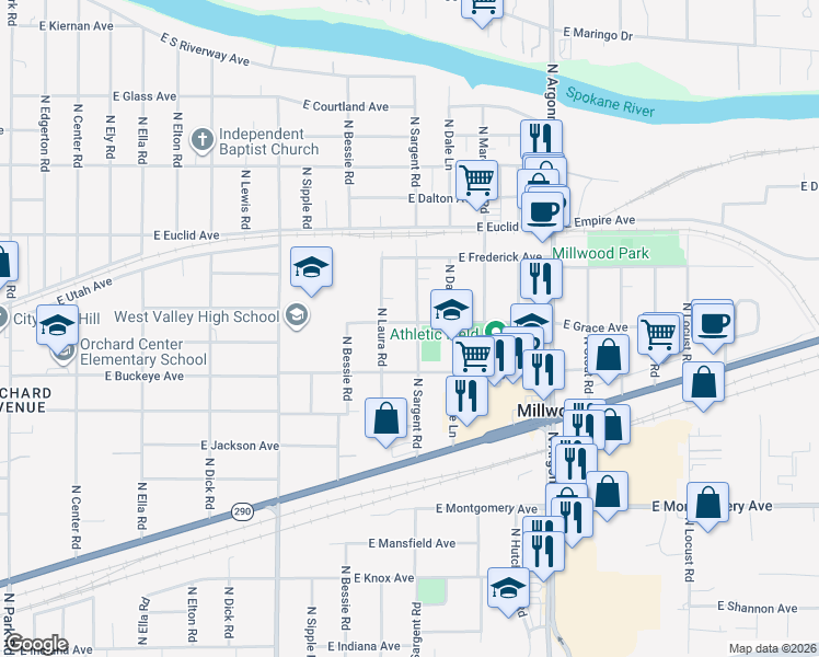 map of restaurants, bars, coffee shops, grocery stores, and more near 2825 North Sargent Road in Millwood