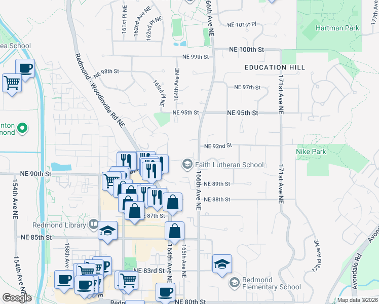 map of restaurants, bars, coffee shops, grocery stores, and more near 16518 Northeast 91st Street in Redmond