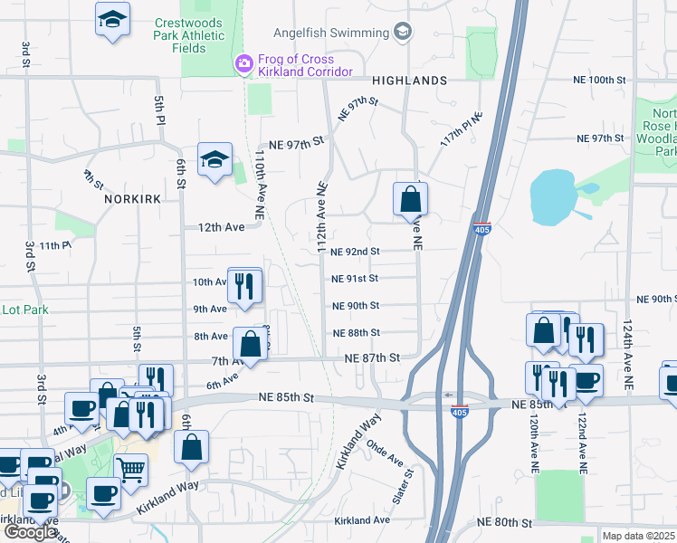 map of restaurants, bars, coffee shops, grocery stores, and more near 11212 Northeast 91st Street in Kirkland
