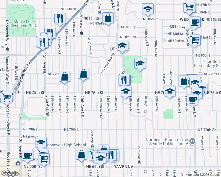 map of restaurants, bars, coffee shops, grocery stores, and more near 7510 23rd Avenue Northeast in Seattle