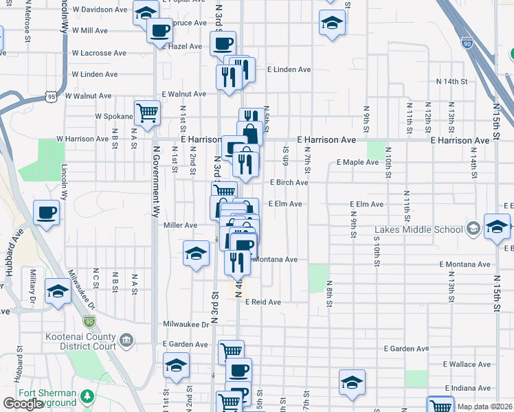 map of restaurants, bars, coffee shops, grocery stores, and more near 963 North 5th Street in Coeur d'Alene