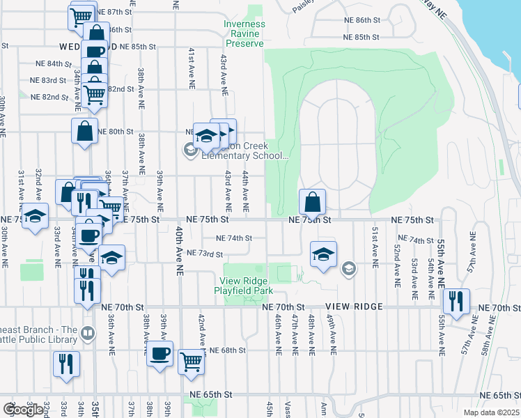 map of restaurants, bars, coffee shops, grocery stores, and more near 7513 45th Avenue Northeast in Seattle