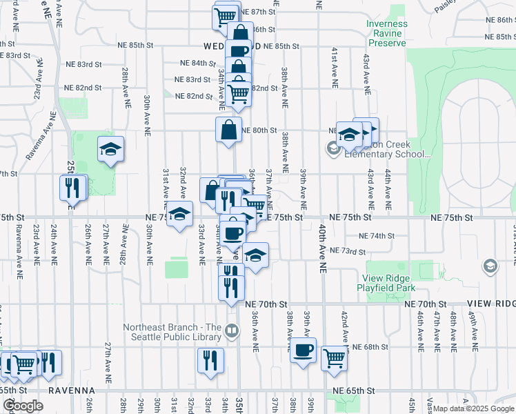 map of restaurants, bars, coffee shops, grocery stores, and more near 7510 36th Ave NE in Seattle