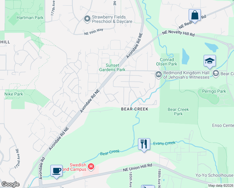 map of restaurants, bars, coffee shops, grocery stores, and more near 18319 Northeast 92nd Court in Redmond