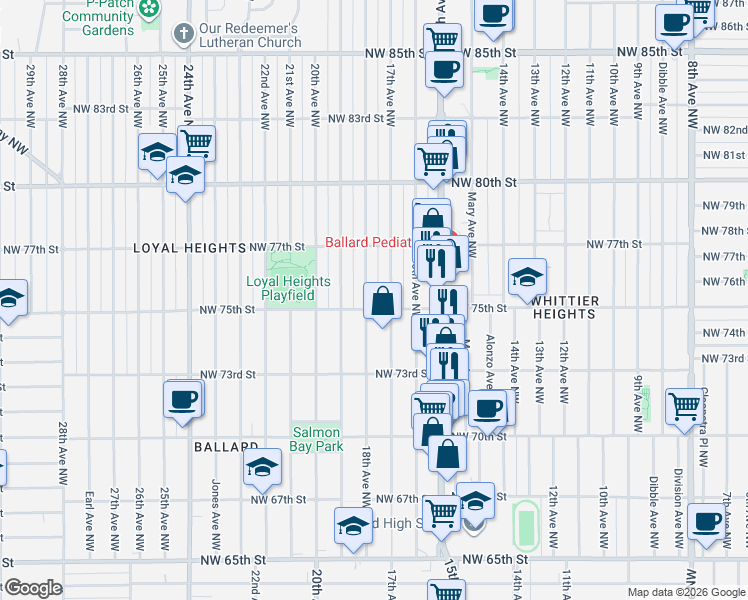 map of restaurants, bars, coffee shops, grocery stores, and more near 7506 18th Avenue Northwest in Seattle