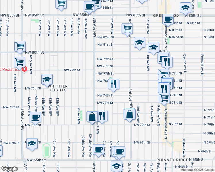 map of restaurants, bars, coffee shops, grocery stores, and more near 614 Northwest 75th Street in Seattle