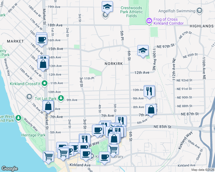 map of restaurants, bars, coffee shops, grocery stores, and more near 424 10th Avenue in Kirkland