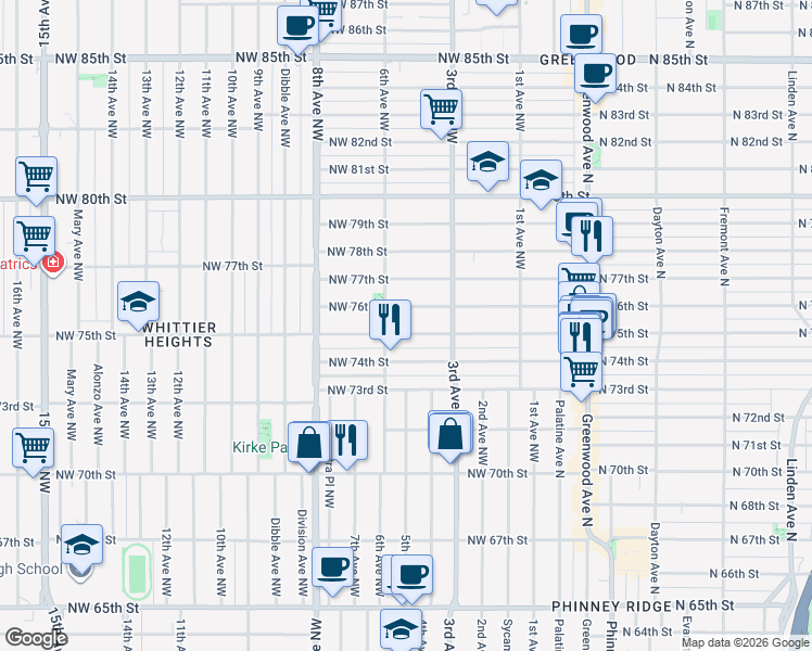 map of restaurants, bars, coffee shops, grocery stores, and more near 342 Northwest 75th Street in Seattle