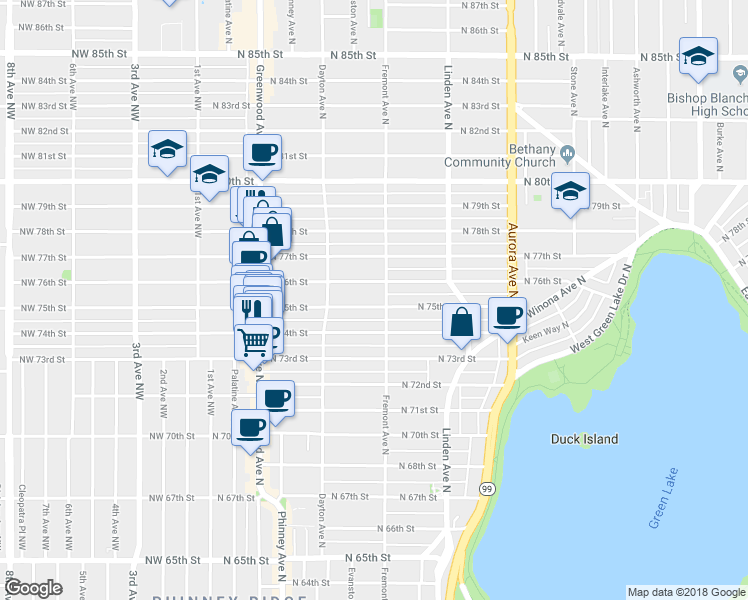 map of restaurants, bars, coffee shops, grocery stores, and more near 546 North 75th Street in Seattle
