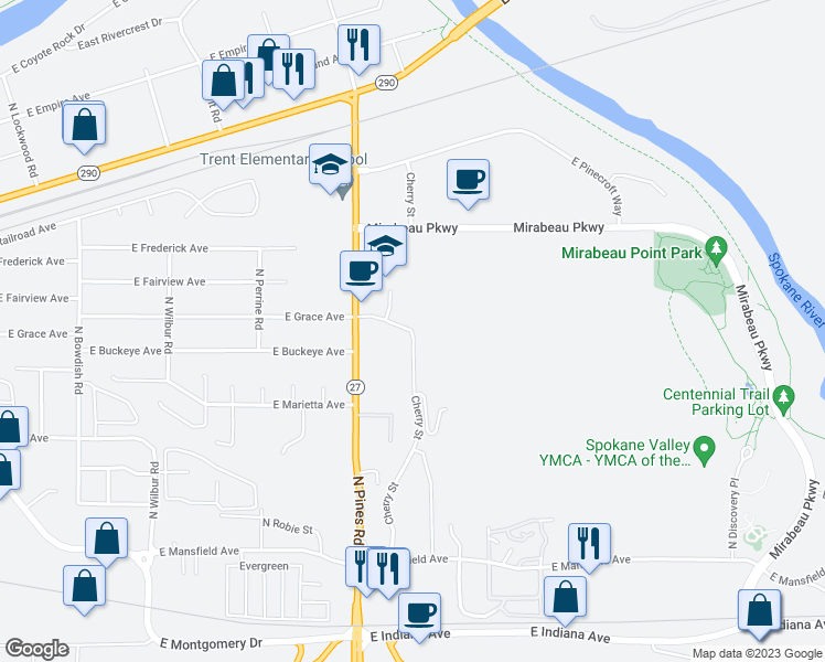 map of restaurants, bars, coffee shops, grocery stores, and more near North Cherry Street in Spokane