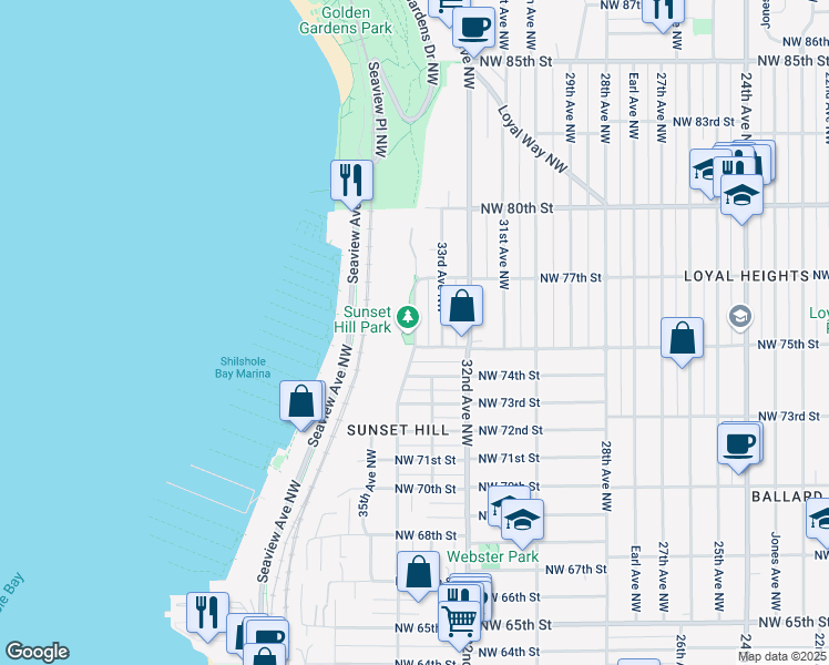 map of restaurants, bars, coffee shops, grocery stores, and more near 7531 34th Avenue Northwest in Seattle