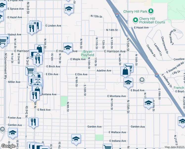 map of restaurants, bars, coffee shops, grocery stores, and more near 1009 North 11th Street in Coeur d'Alene