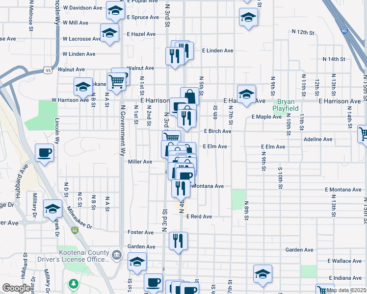map of restaurants, bars, coffee shops, grocery stores, and more near 1024 North 4th Street in Coeur d'Alene