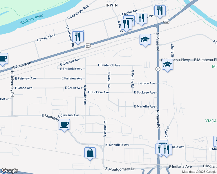 map of restaurants, bars, coffee shops, grocery stores, and more near 11702 East Grace Avenue in Spokane Valley
