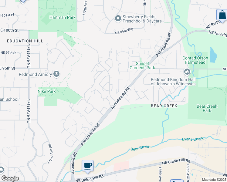 map of restaurants, bars, coffee shops, grocery stores, and more near 18003 Northeast 93rd Court in Redmond
