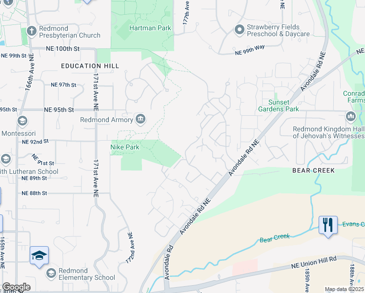 map of restaurants, bars, coffee shops, grocery stores, and more near 9105 177th Place Northeast in Redmond