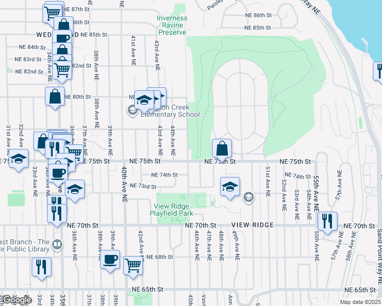 map of restaurants, bars, coffee shops, grocery stores, and more near 7513 45th Avenue Northeast in Seattle