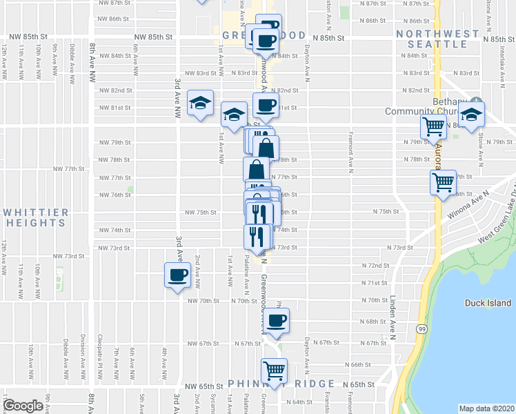 map of restaurants, bars, coffee shops, grocery stores, and more near in Seattle