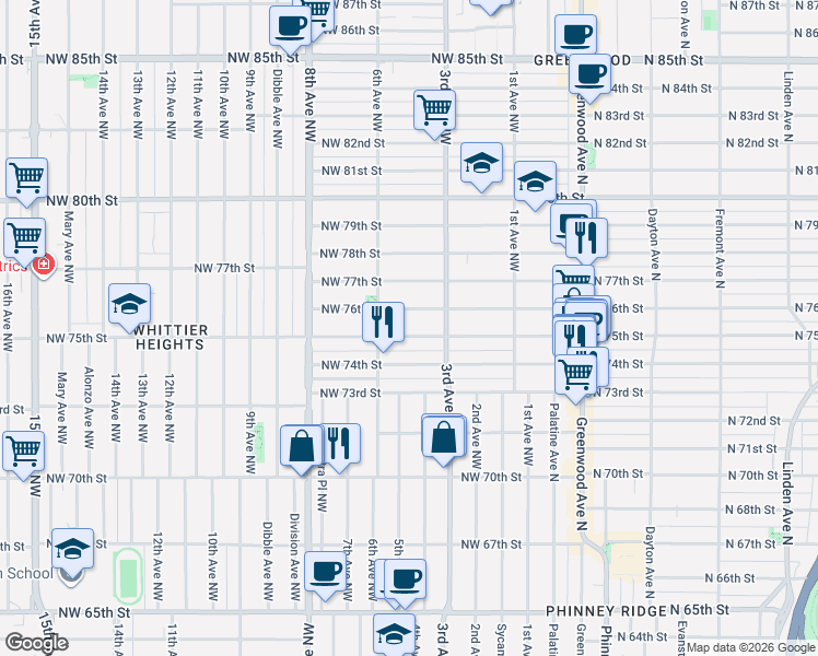 map of restaurants, bars, coffee shops, grocery stores, and more near 342 Northwest 75th Street in Seattle