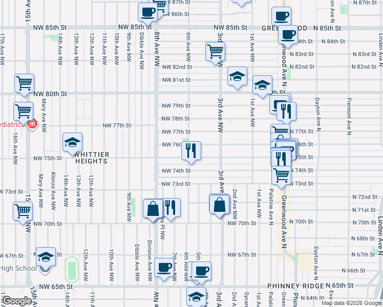 map of restaurants, bars, coffee shops, grocery stores, and more near 342 Northwest 75th Street in Seattle