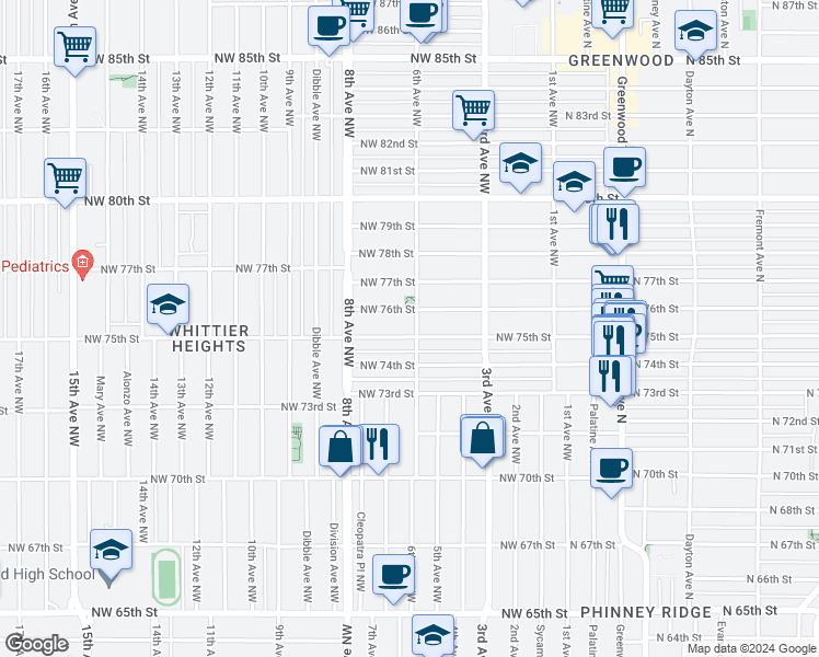 map of restaurants, bars, coffee shops, grocery stores, and more near 614 Northwest 75th Street in Seattle