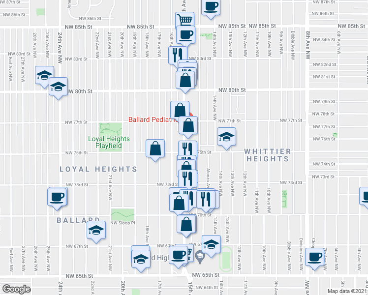 map of restaurants, bars, coffee shops, grocery stores, and more near in Seattle