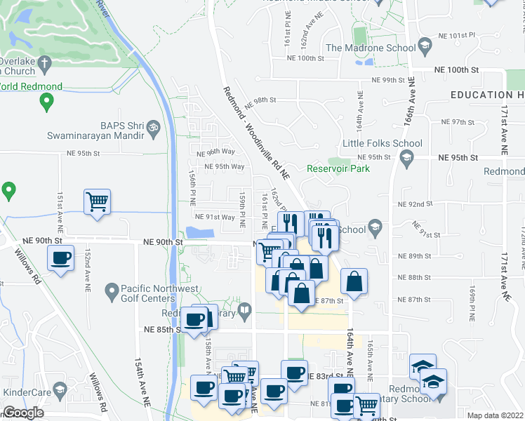 map of restaurants, bars, coffee shops, grocery stores, and more near 9129 161st Place Northeast in Redmond