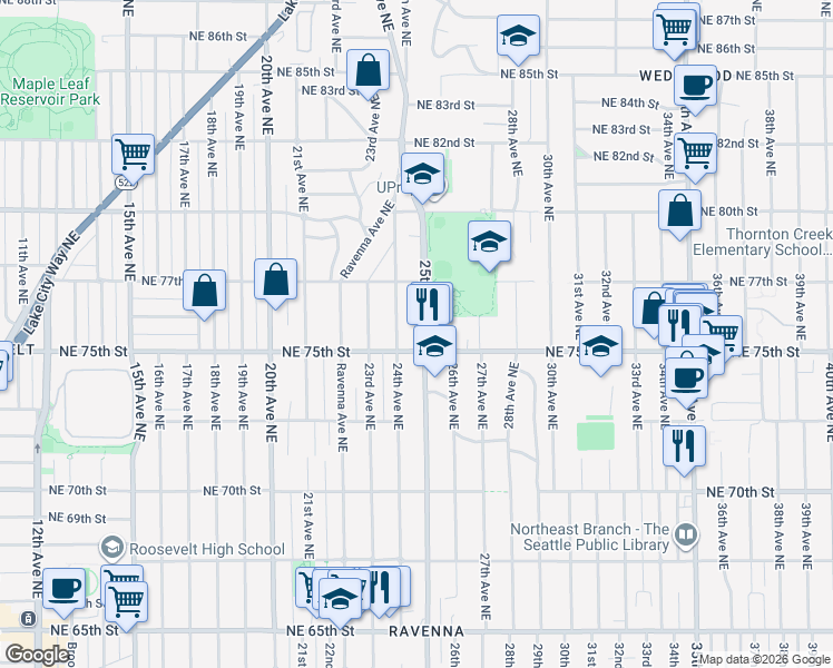 map of restaurants, bars, coffee shops, grocery stores, and more near 7513 25th Avenue Northeast in Seattle