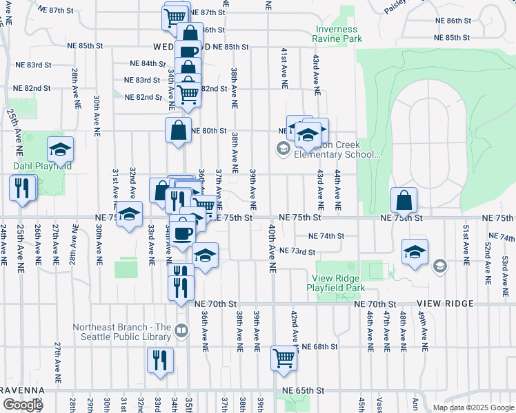 map of restaurants, bars, coffee shops, grocery stores, and more near 7514 39th Avenue Northeast in Seattle