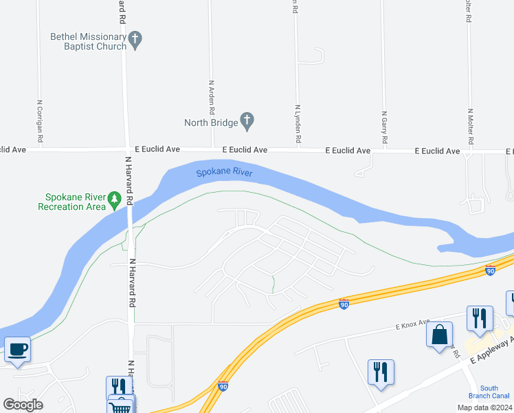 map of restaurants, bars, coffee shops, grocery stores, and more near Centennial Trail in Spokane Valley