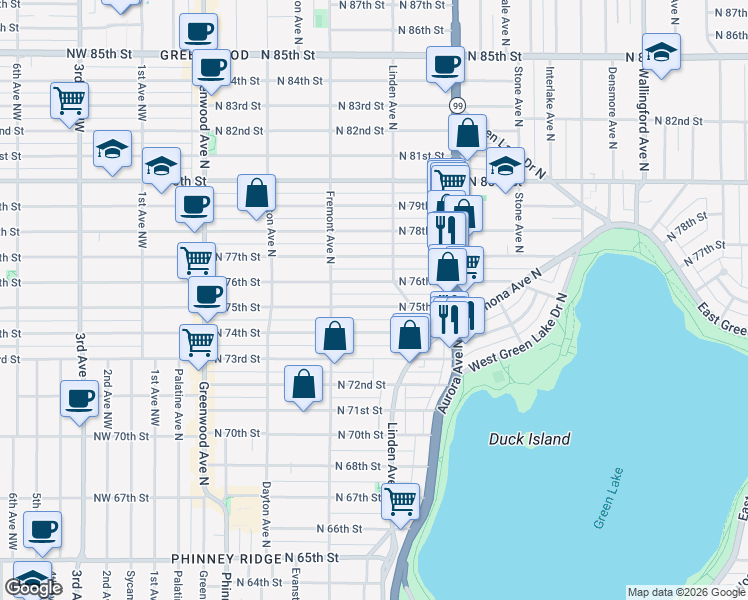 map of restaurants, bars, coffee shops, grocery stores, and more near 742 North 75th Street in Seattle