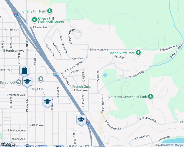map of restaurants, bars, coffee shops, grocery stores, and more near 2432 East Stowe Court in Coeur d'Alene