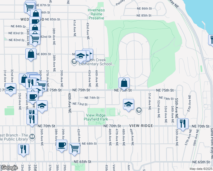 map of restaurants, bars, coffee shops, grocery stores, and more near 7513 45th Avenue Northeast in Seattle
