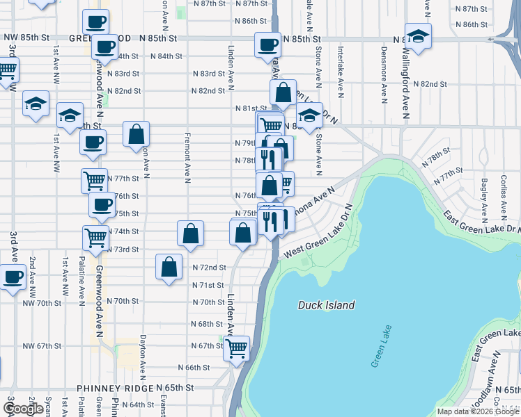 map of restaurants, bars, coffee shops, grocery stores, and more near 906 North 75th Street in Seattle